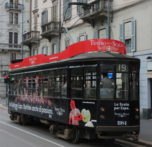 Tram advertising the La S'cala theatre, Milan